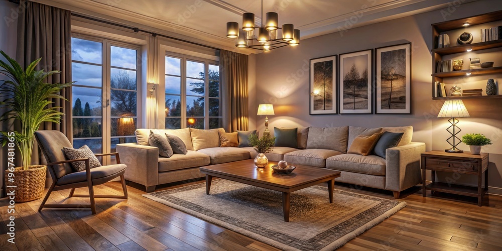 Cozy night living room interior decorated with warm lighting and comfy furniture, living room, interior, night, decoration, cozy Cozy night living room interior decorated with warm lighting and comfy furniture, living room, interior, night, decoration, cozy