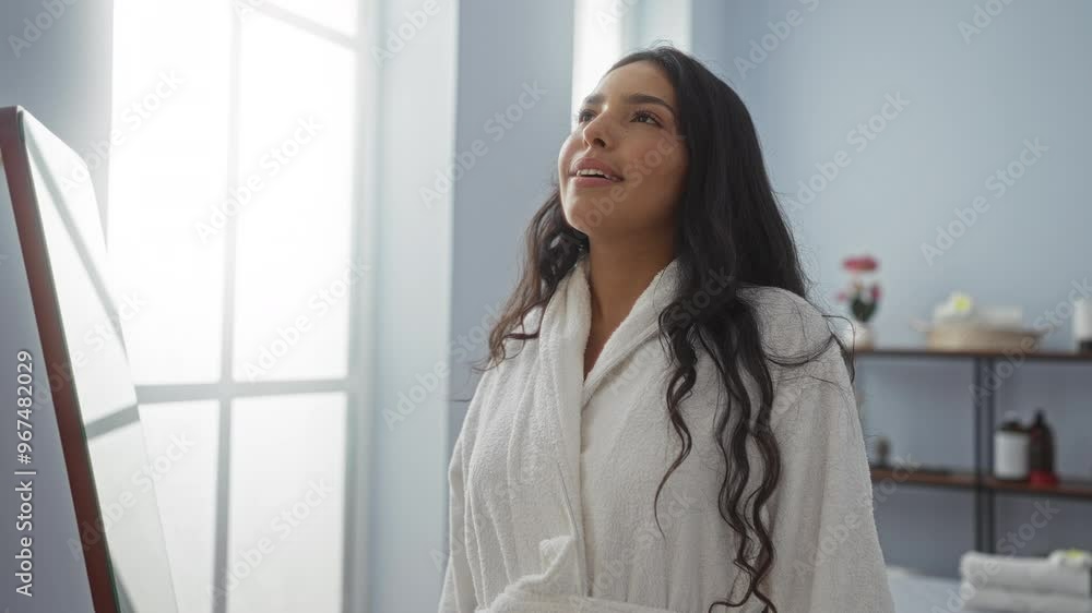 Woman relaxing in a spa's serene room dressed in a white robe, showcasing tranquil expressions in an indoor wellness center. Woman relaxing in a spa's serene room dressed in a white robe, showcasing tranquil expressions in an indoor wellness center.