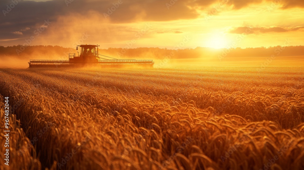 Combine Harvester Working in a Field of Wheat at Sunset Combine Harvester Working in a Field of Wheat at Sunset