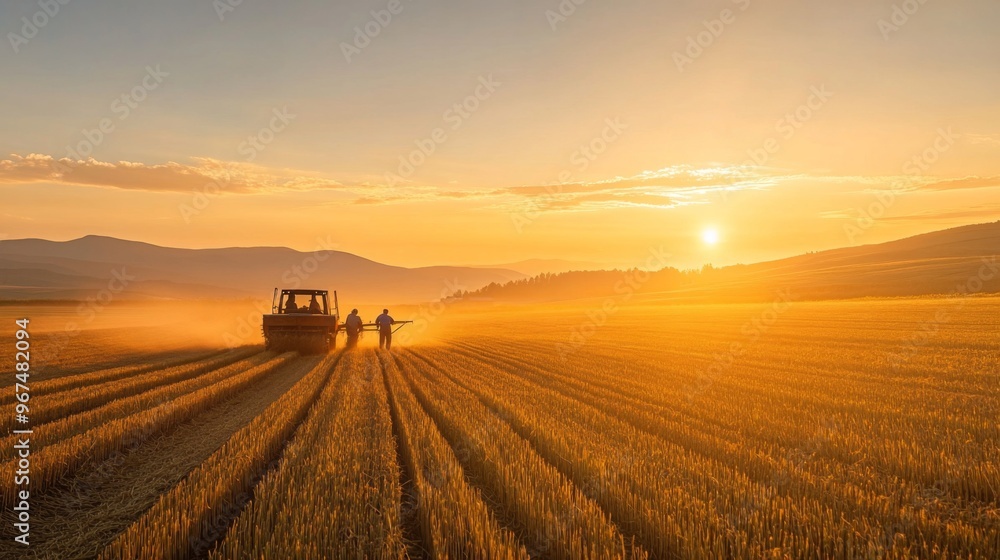 Tractor and Two Figures Silhouetted Against Sunset in a Field Tractor and Two Figures Silhouetted Against Sunset in a Field