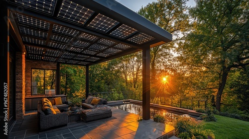 Solar panel installation on a pergola roof, offering sustainable energy for outdoor lighting, fountains, and small appliances.  photo