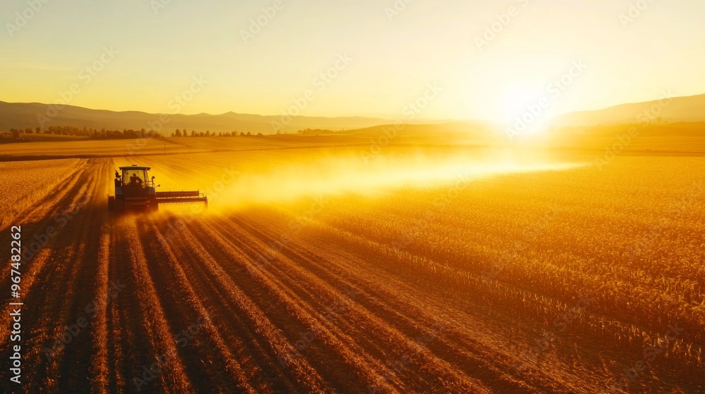 Tractor Harvesting Crops in a Golden Sunset Field Tractor Harvesting Crops in a Golden Sunset Field