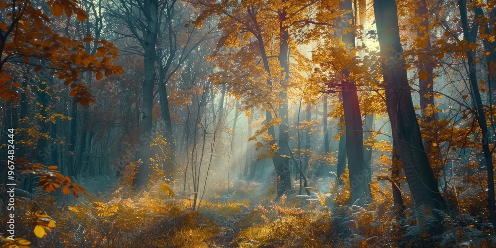 Fototapeta premium Panoramic View of Lush Forest with Vibrant Autumn Colors and Sunlight Streaming Through Trees