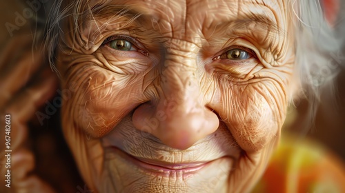 A close up portrait of an elderly woman smiling.