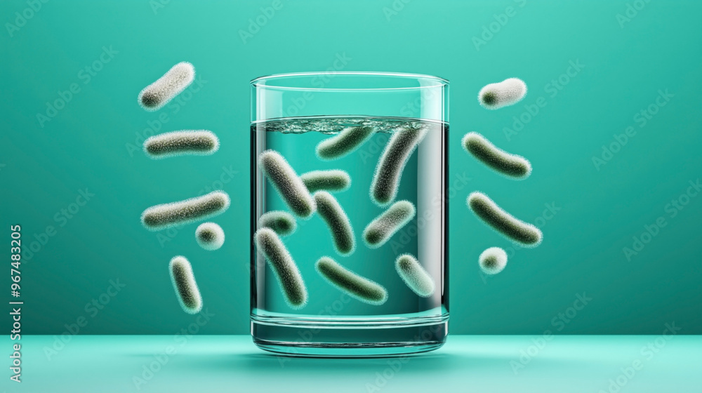 Obraz premium Conceptual image showing bacteria or microorganisms in a glass of water against a teal background, depicting contaminated drinking water or bacteriological studies.