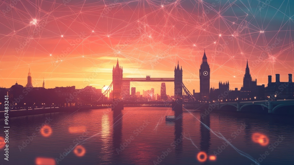 Naklejka premium London and river Thames at sunset. Illustration with communication and business icons, network connections concept.