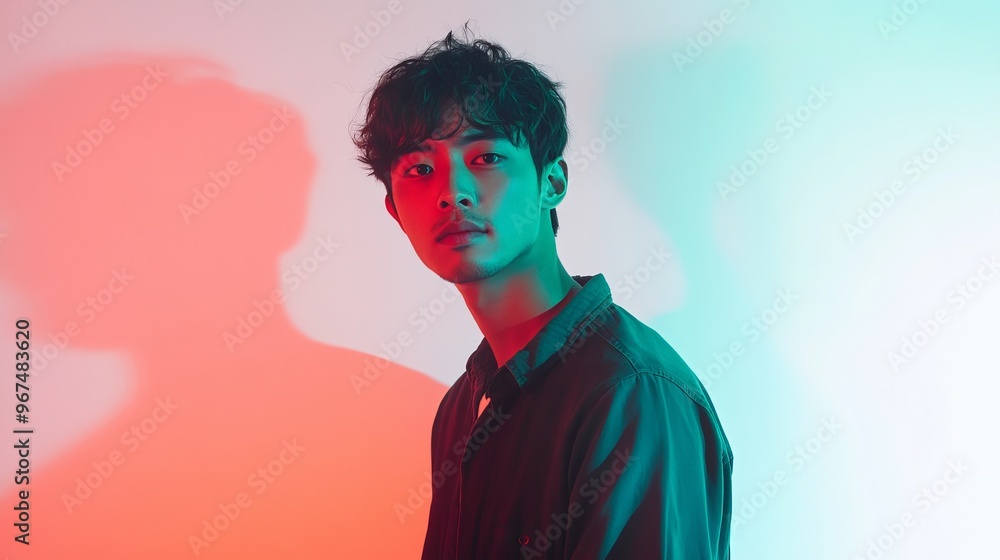An Asian man is standing against a white backdrop, with a green and red light effect illuminating him. An Asian man is standing against a white backdrop, with a green and red light effect illuminating him.