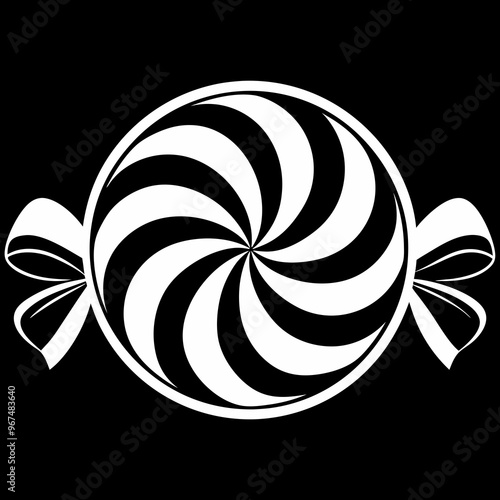 Black and White Swirled Candy Illustration with Ribbons on Black Background