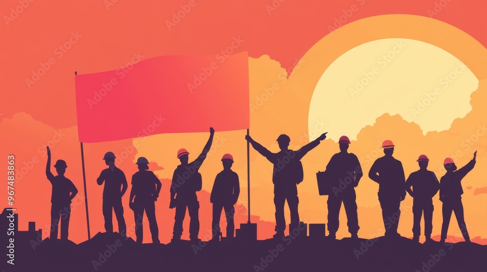 Silhouettes of Construction Workers Holding a Red Flag Under a Sunset Silhouettes of Construction Workers Holding a Red Flag Under a Sunset
