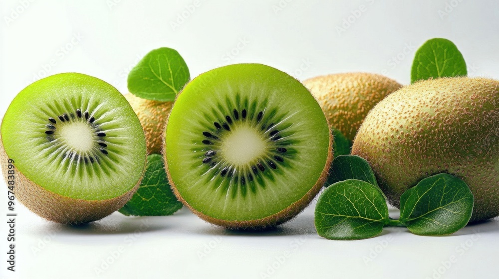 Fototapeta premium A green kiwi is cut in half and surrounded by leaves