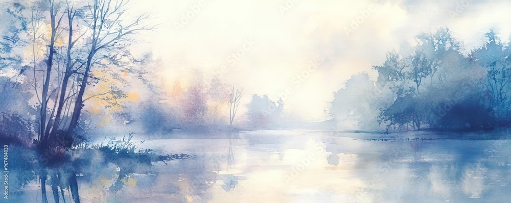 Tranquil landscape featuring a misty river and soft watercolor hues, evoking a serene and peaceful atmosphere. Tranquil landscape featuring a misty river and soft watercolor hues, evoking a serene and peaceful atmosphere.