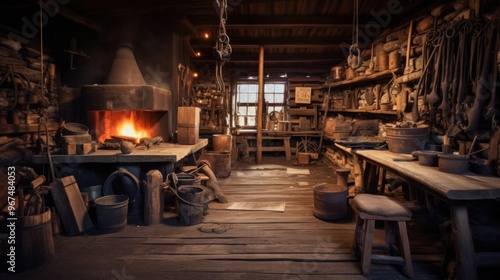 Old Forge Workshop with a Fire Burning