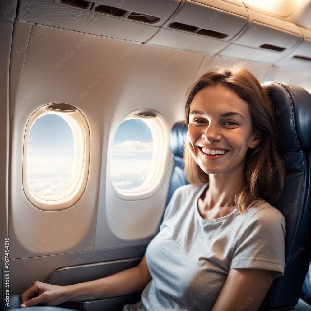 Fototapeta premium Woman enjoying scenic flight over clouds and mountains