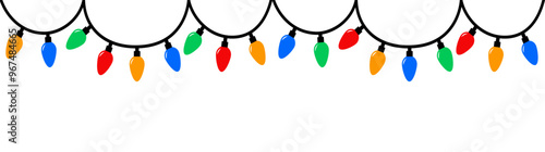 Christmas lights set. Lightbulb glowing garland line banner. Colorful string fairy light. Cartoon holiday xmas decoration. Oval shape sign symbol. Flat design. White background. Isolated. Vector