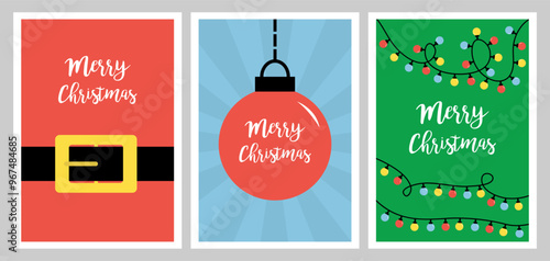 Merry Christmas Greeting card Invitation Poster set. Christmas lights glowing lightbulb garland. String fairy light. Santa Claus belt buckle. Christmas ball toy. Flat design Colorful background Vector
