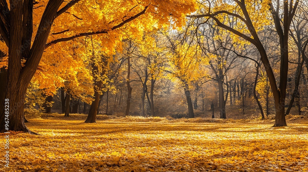 Fototapeta premium Autumn leaves in vibrant hues paint a stunning landscape. The park's trees shimmer in golden yellow, casting a warm glow on the falling leaves that create a picturesque backdrop.