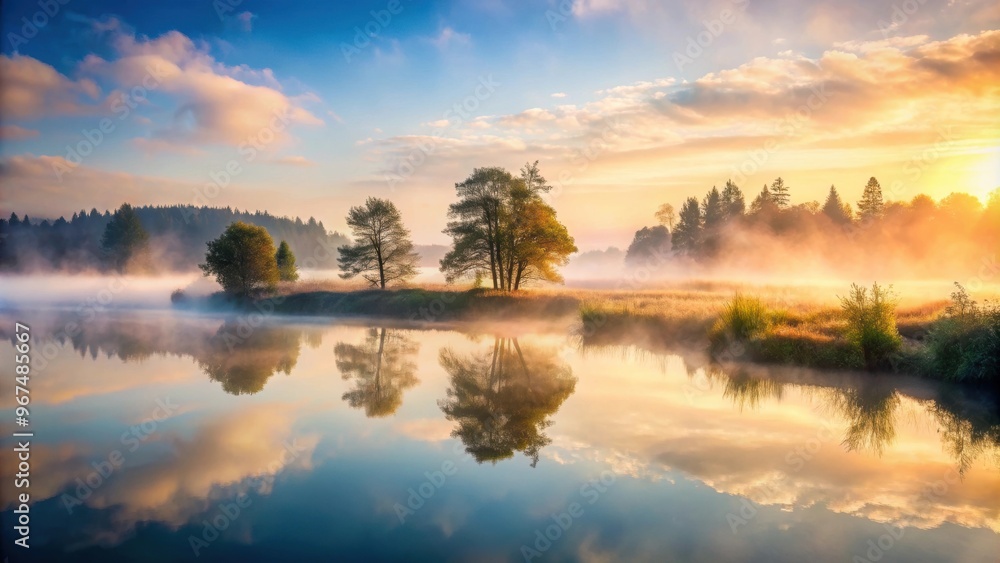 Fototapeta premium Misty morning in a serene landscape surrounded by fog , fog, mist, serene, landscape, nature, tranquil, hazy, ethereal