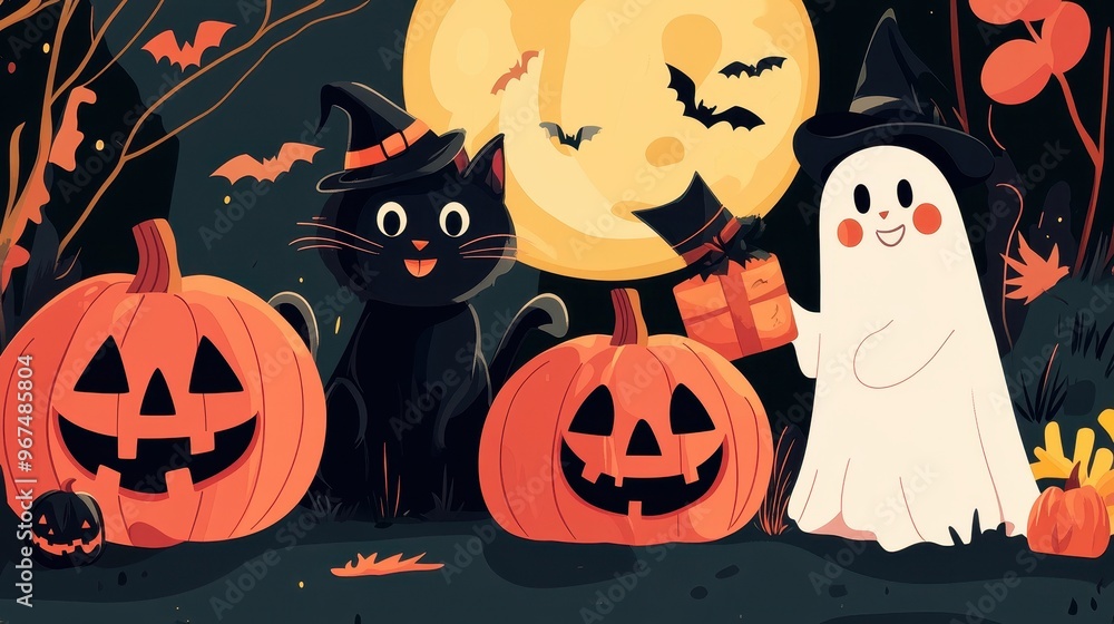 Enjoy a delightful Halloween vector collection with a playful black cat, a cheerful ghost, and carved pumpkins under a full moon Enjoy a delightful Halloween vector collection with a playful black cat, a cheerful ghost, and carved pumpkins under a full moon