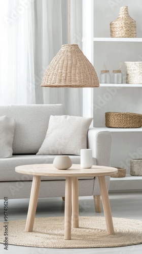 A light grey sofa complements a wooden coffee table in a Scandinavian-style living room, enhanced by stylish wall shelves and minimalist decor elements