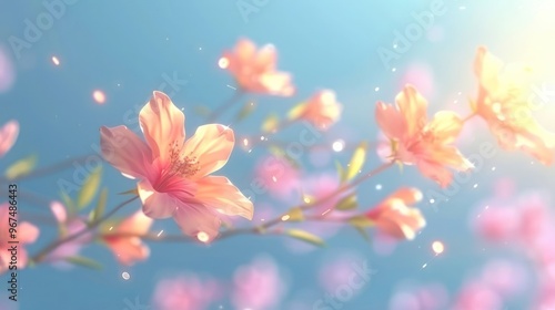 A serene close-up of delicate pink flowers against a soft blue background, evoking tranquility.