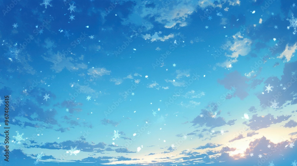 A blue sky with snowflakes falling from the sky A blue sky with snowflakes falling from the sky
