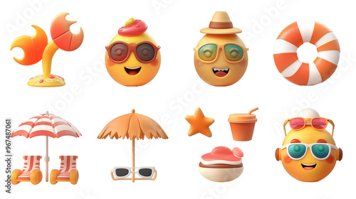 Travel concept series happy smile face expression emoticon set , cartoon emoji 3d rendering