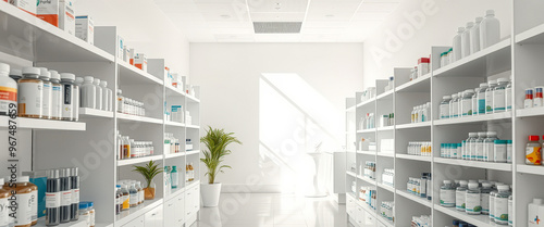 White Shelves Full of Bottles and Jars in a Modern Pharmacy