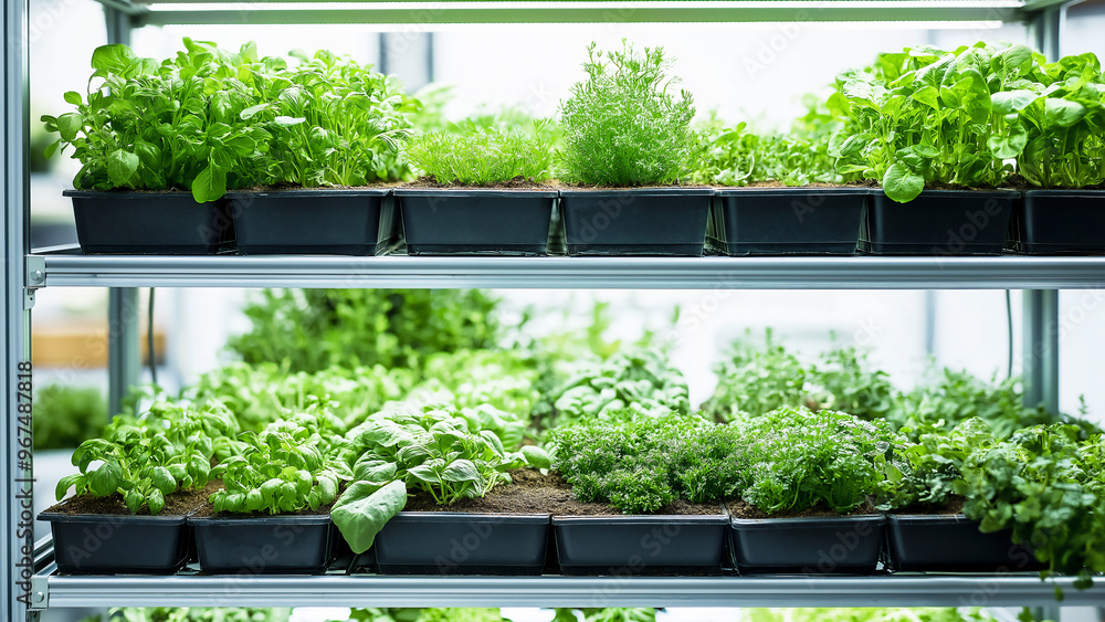 A vertical farm inside an office building, growing plants like green vegetables and herbs on the shelves A vertical farm inside an office building, growing plants like green vegetables and herbs on the shelves