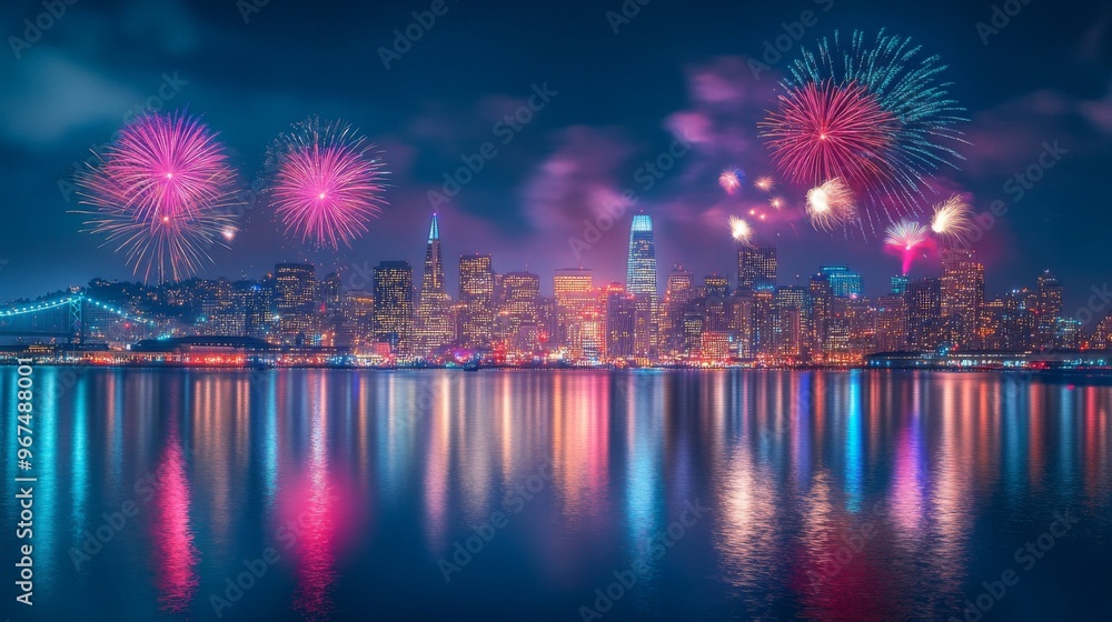 Fototapeta premium Fireworks Display Over San Francisco Skyline at Night