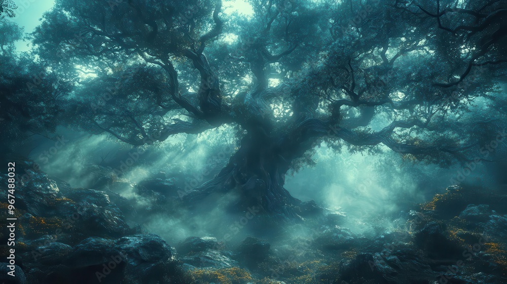 Fototapeta premium misty forest clearing bathed in ethereal light ancient gnarled trees loom through swirling fog creating atmosphere of mystery and enchantment in shadowy woodland realm