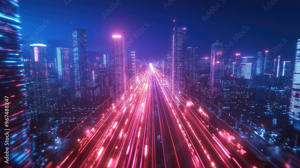 Fototapeta premium Smart city with speed line glowing light trail surround the city. big data connection technology concept