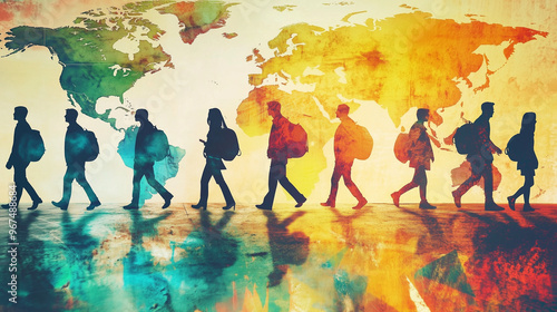 A population of global people silhouettes walk under world map, migration concept 