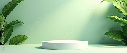 Minimalist Product Display with Green Foliage and White Platform