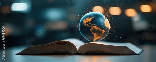 Holographic Earth floating above an open book, symbolizing the power of global education for positive change, global awareness, education for transformation photo