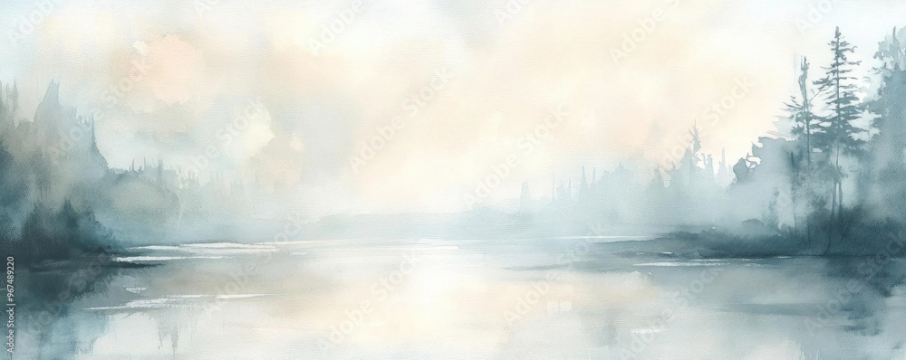 A serene landscape with misty water and soft hues, perfect for tranquil and calming themes in art and design. A serene landscape with misty water and soft hues, perfect for tranquil and calming themes in art and design.
