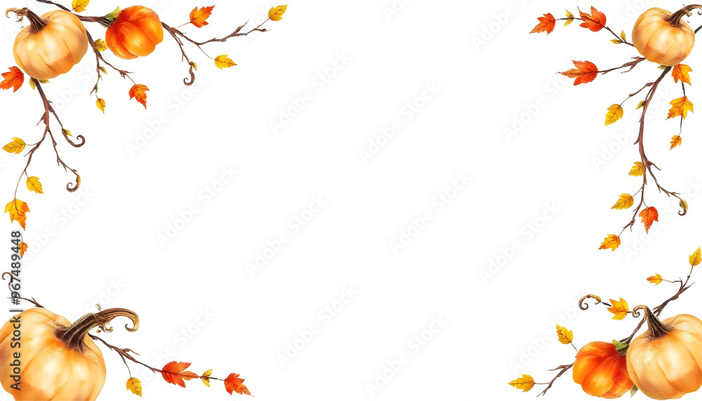 Fototapeta premium Autumn frame with pumpkins and leaves isolated on transparent background. Watercolor illustration.