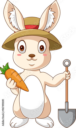 Cartoon cute rabbit holding a carrot and shovel on white background