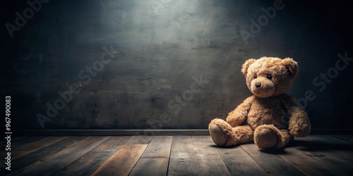 Lonely teddy bear sitting in a dark room, representing childhood trauma and mental health struggles , trauma, abuse