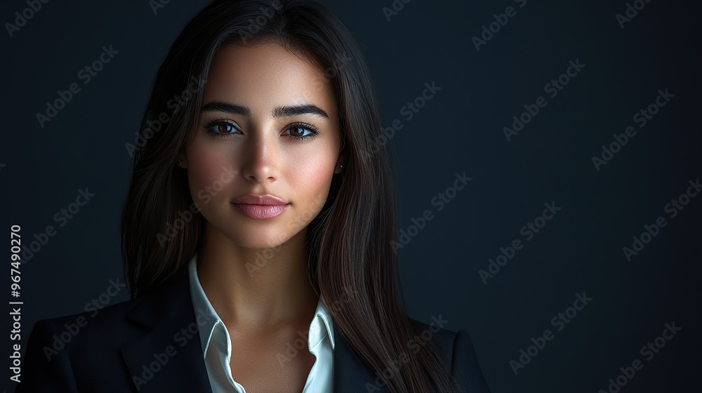 an American woman in professional business attire such as a suit or dress highlighting her confident and polished appearance isolated on a dark background an American woman in professional business attire such as a suit or dress highlighting her confident and polished appearance isolated on a dark background