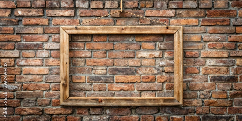 Fototapeta premium Empty wooden frame hanging on a weathered brick wall , vintage, blank, old, interior, antique, rustic, vintage, space