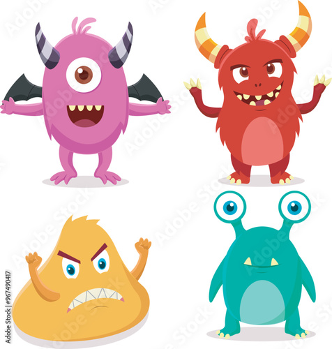 Cute happy monsters cartoon on white background
