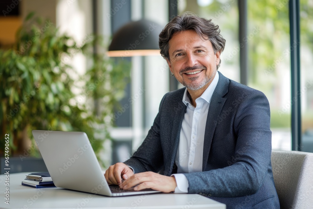 A businessman sitting at a desk with a laptop in a modern office, looking at the camera. Copy space concept ,generative ai A businessman sitting at a desk with a laptop in a modern office, looking at the camera. Copy space concept ,generative ai