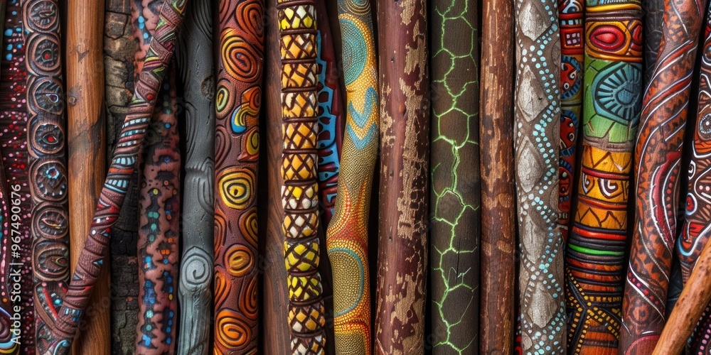 Realistic Wood Sticks with Diverse Textures and Vibrant Colors Featuring Intricate African Zulu Tribal and Ethnic Designs Detailed Animal and Geometric Patterns along with Nature Inspired a Realistic Wood Sticks with Diverse Textures and Vibrant Colors Featuring Intricate African Zulu Tribal and Ethnic Designs Detailed Animal and Geometric Patterns along with Nature Inspired a