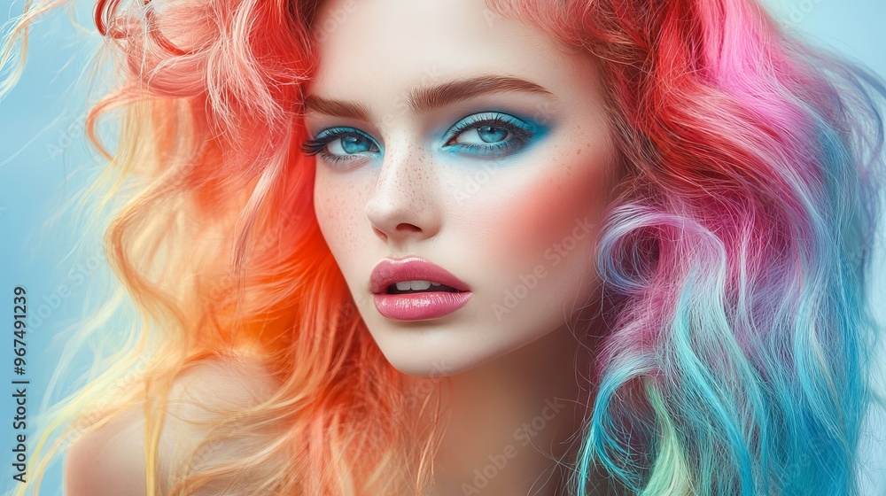 Colorful model stuns with bold hair and makeup in photoshoot. Colorful model stuns with bold hair and makeup in photoshoot.
