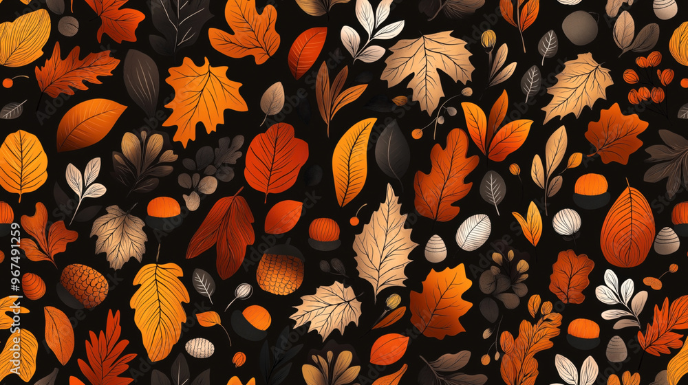 Seamless pattern featuring a variety of autumn leaves and acorns in shades of orange, yellow, brown, and cream on a dark background. Perfect for seasonal designs. Seamless pattern featuring a variety of autumn leaves and acorns in shades of orange, yellow, brown, and cream on a dark background. Perfect for seasonal designs.