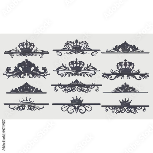 Collection of Black Minimal Ornate Design Elements with Crown Accents..