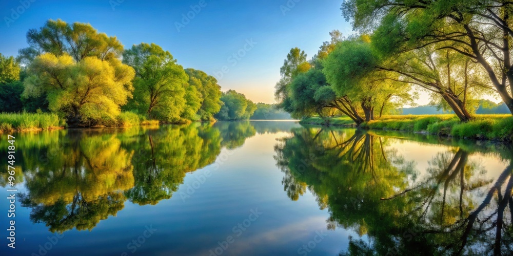 Peaceful river with realistic reflections of overhanging trees , serene, meandering, tranquil, water, nature, landscape, reflections Peaceful river with realistic reflections of overhanging trees , serene, meandering, tranquil, water, nature, landscape, reflections