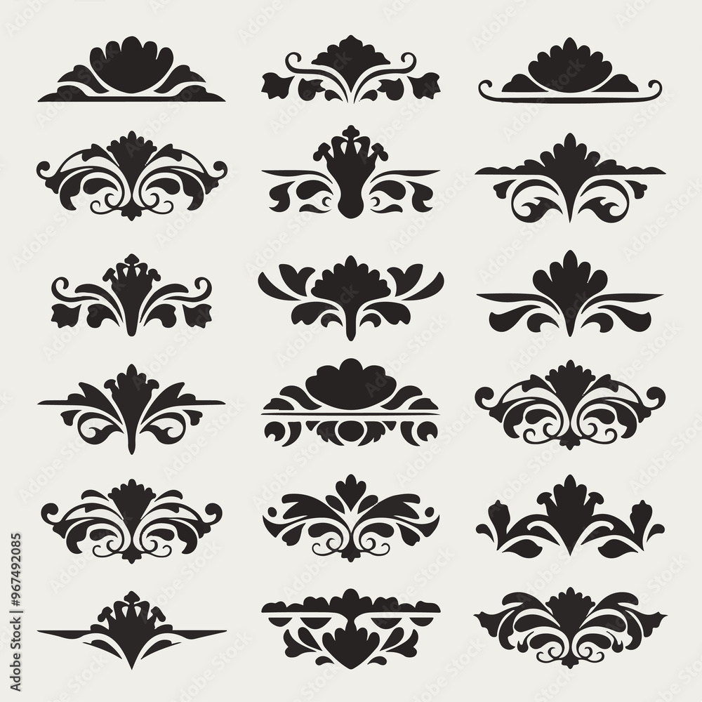 Collection of Black Minimal Ornate Design Elements with Crown Accents.. Collection of Black Minimal Ornate Design Elements with Crown Accents..
