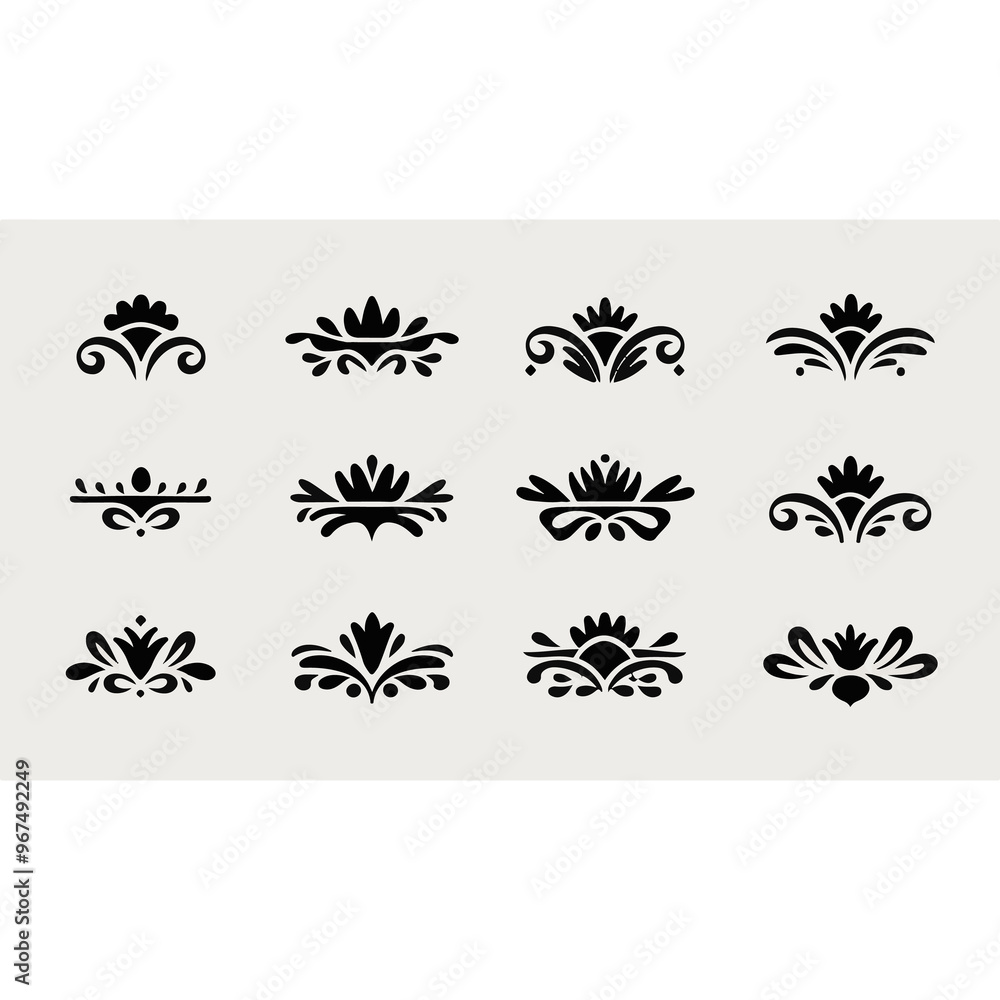 Collection of Black Minimal Ornate Design Elements with Crown Accents.. Collection of Black Minimal Ornate Design Elements with Crown Accents..
