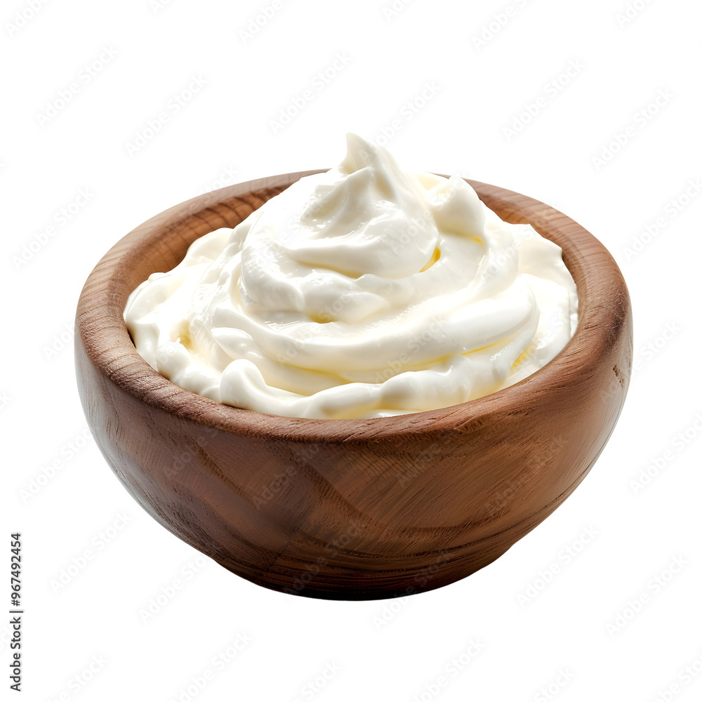 Sour cream or yogurt in wooden bowl Sour cream or yogurt in wooden bowl